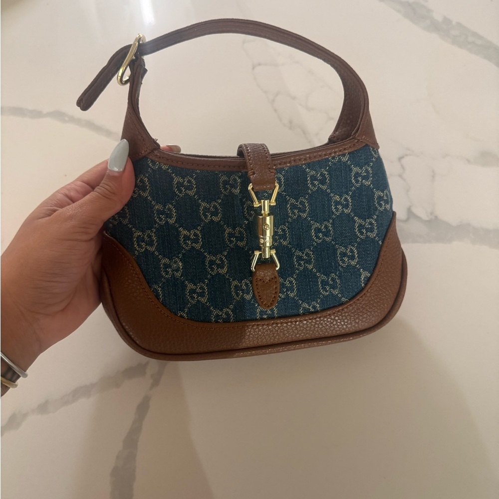 Gucci Blue Denim Monogram Mini Shoulder Bag with Brown Leather Trim